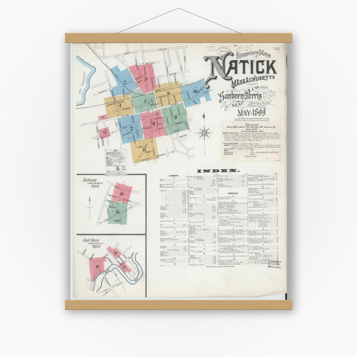 Old map wall art mockup — magnetic wood frame on white wall — Sanborn Fire Insurance Map from Natick, Middlesex County, Massachusetts (1899) - Complete Map Set