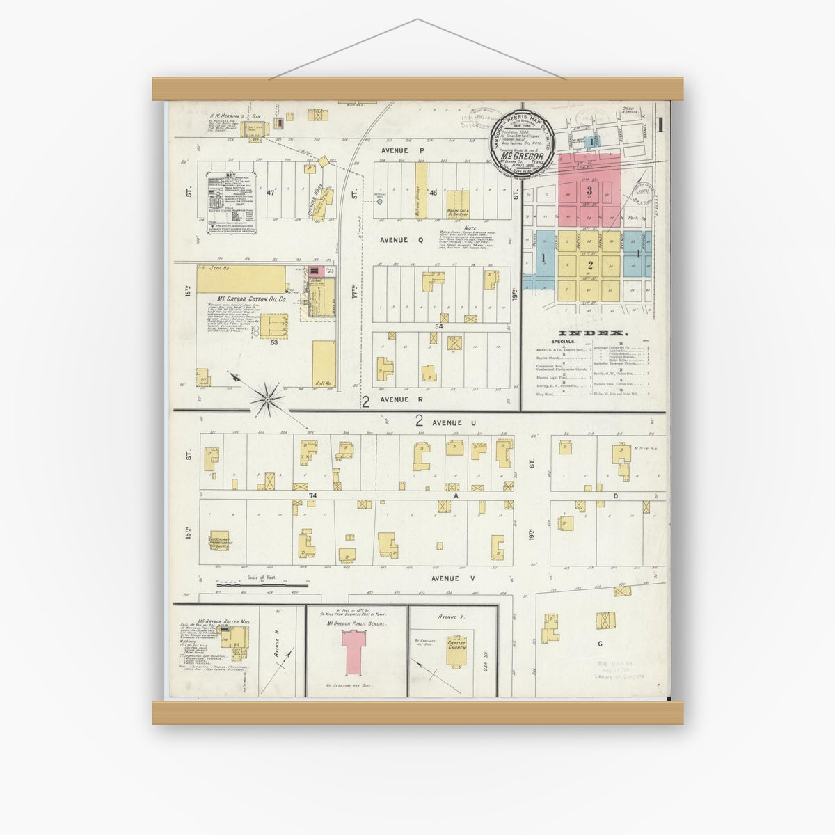 Old map wall art mockup — magnetic wood frame on white wall — Sanborn Fire Insurance Map from McGregor, McLennan County, Texas (1899), Sheet #0001