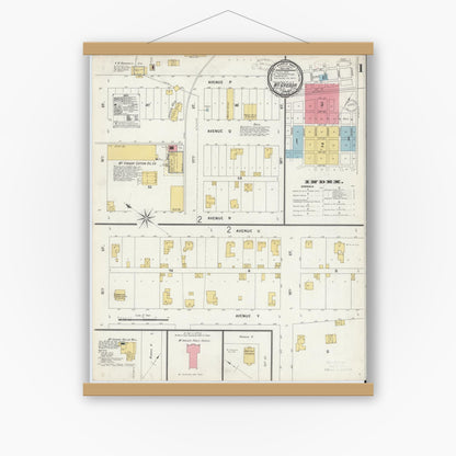 Old map wall art mockup — magnetic wood frame on white wall — Sanborn Fire Insurance Map from McGregor, McLennan County, Texas (1899), Sheet #0001