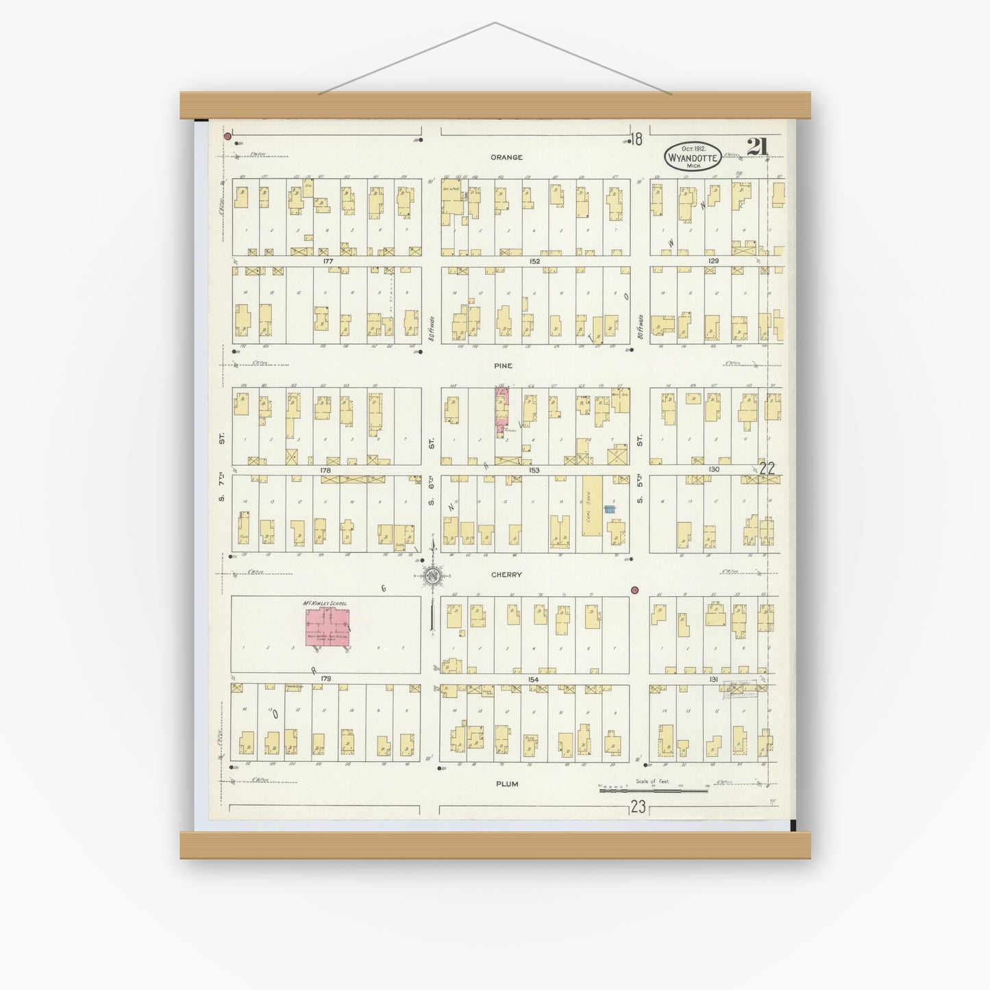 Old map wall art mockup — magnetic wood frame on white wall — Sanborn Fire Insurance Map from Wyandotte, Wayne County, Michigan (1912), Sheet #0021