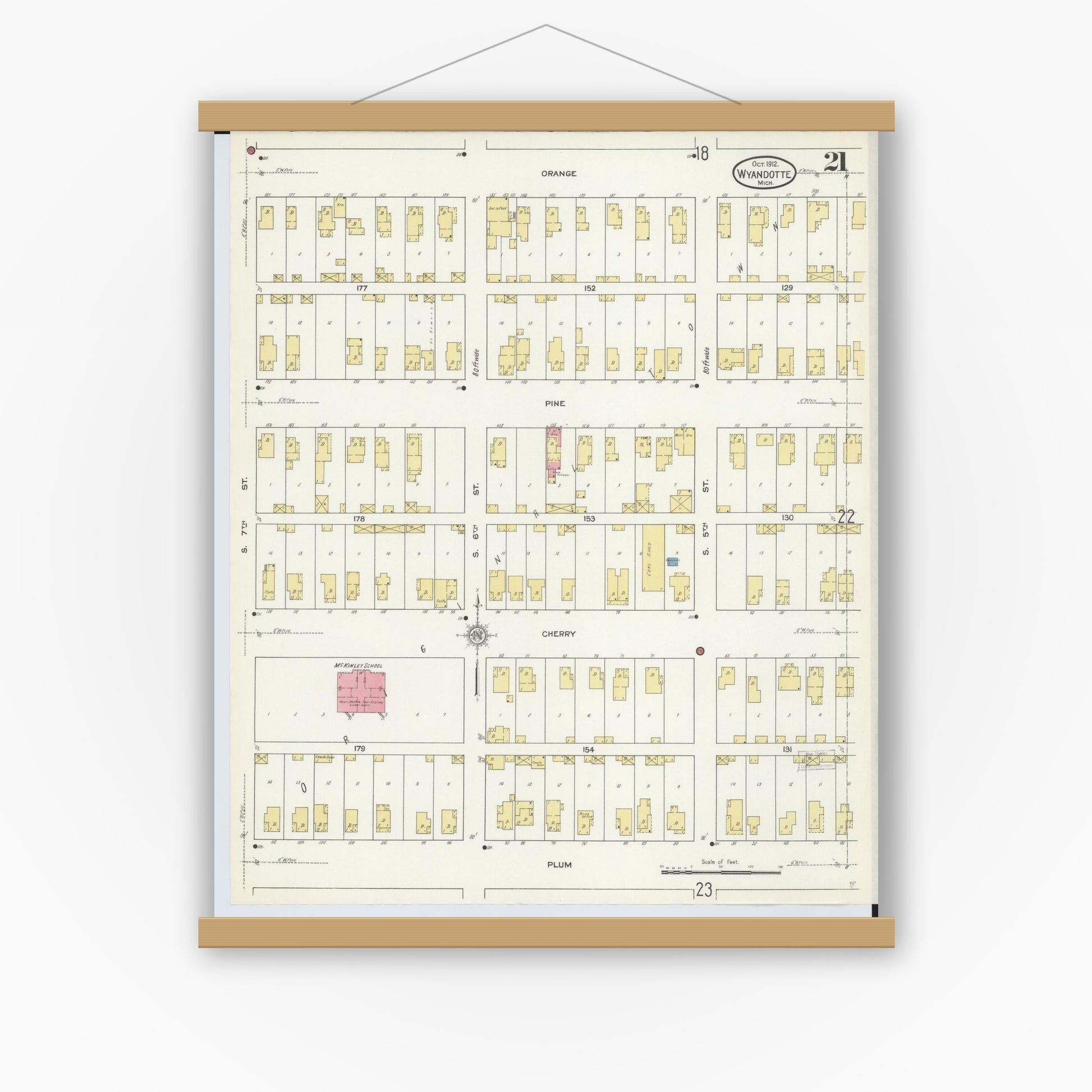 Old map wall art mockup — magnetic wood frame on white wall — Sanborn Fire Insurance Map from Wyandotte, Wayne County, Michigan (1912), Sheet #0021