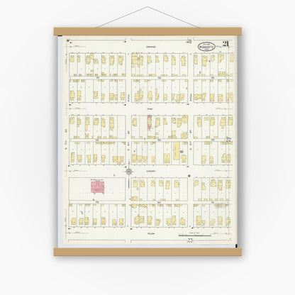 Old map wall art mockup — magnetic wood frame on white wall — Sanborn Fire Insurance Map from Wyandotte, Wayne County, Michigan (1912), Sheet #0021