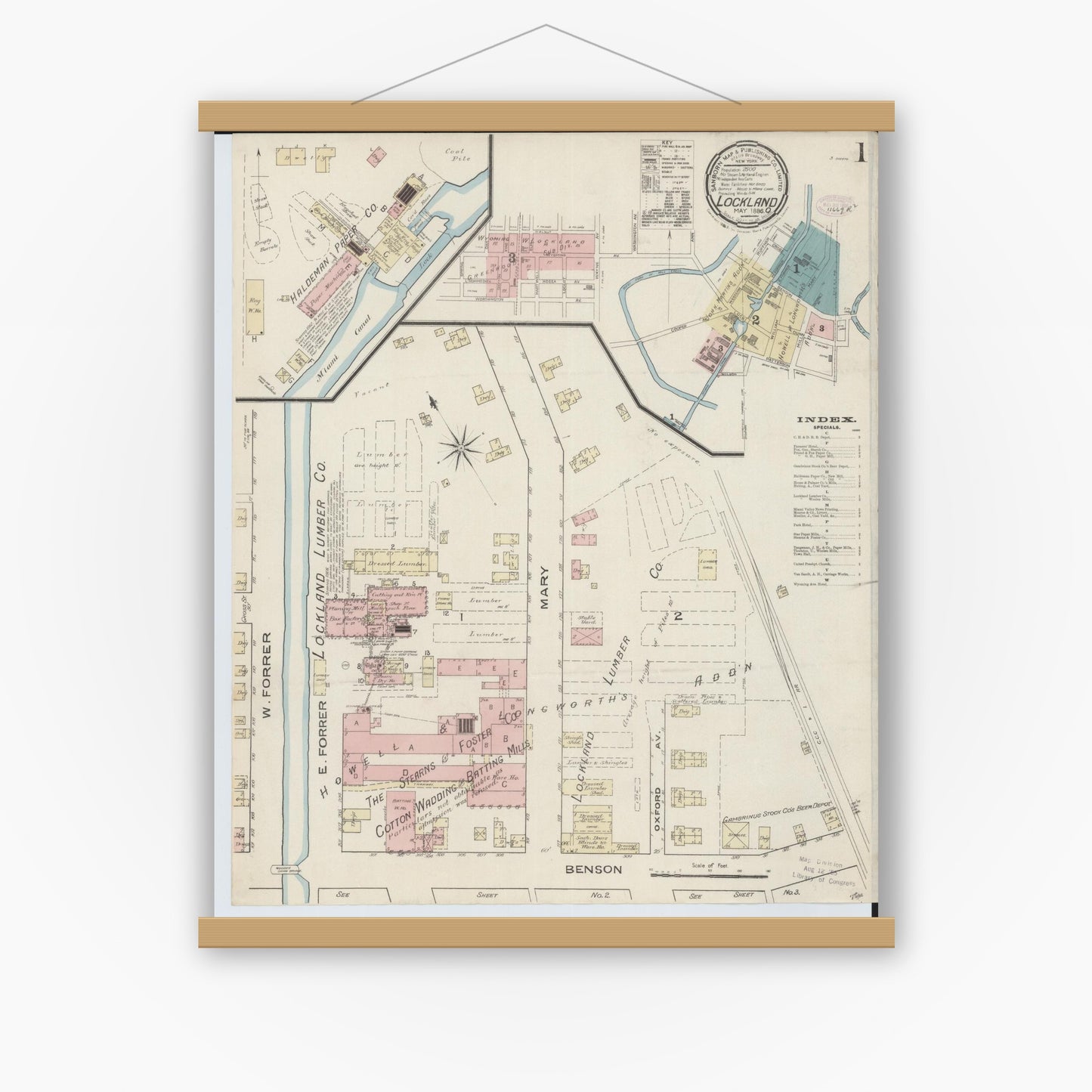 Old map wall art mockup — magnetic wood frame on white wall — Sanborn Fire Insurance Map from Lockland, Hamilton County, Ohio (1886), Sheet #0001