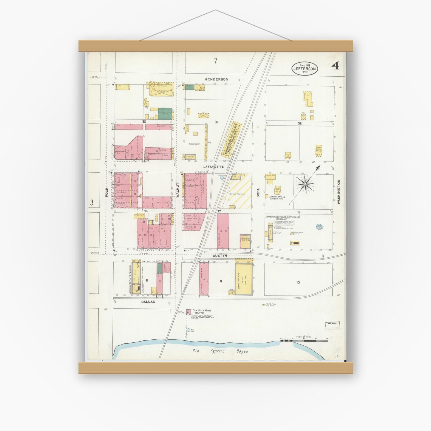 Old map wall art mockup — magnetic wood frame on white wall — Sanborn Fire Insurance Map from Jefferson, Marion County, Texas (1906), Sheet #0004