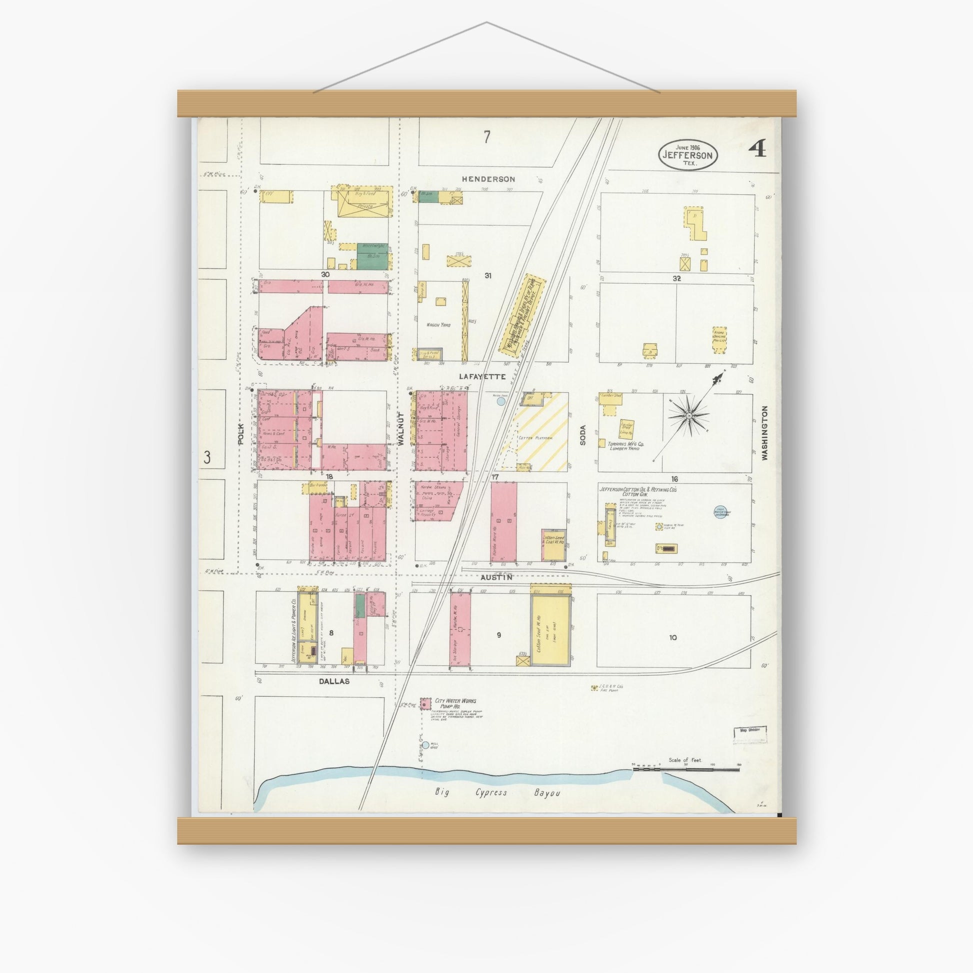 Old map wall art mockup — magnetic wood frame on white wall — Sanborn Fire Insurance Map from Jefferson, Marion County, Texas (1906), Sheet #0004