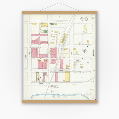 Old map wall art mockup — magnetic wood frame on white wall — Sanborn Fire Insurance Map from Jefferson, Marion County, Texas (1906), Sheet #0004