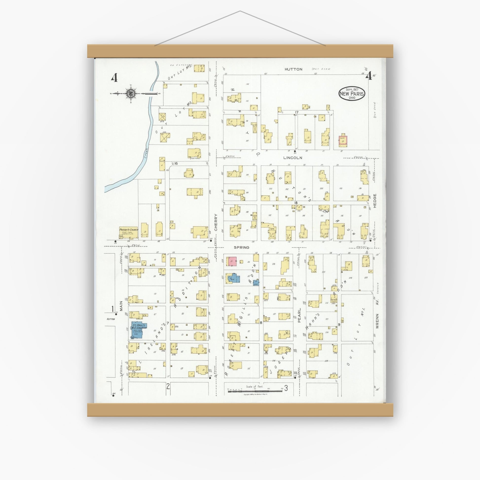 Old map wall art mockup — magnetic wood frame on white wall — Sanborn Fire Insurance Map from New Paris, Preble County, Ohio (1927), Sheet #0004
