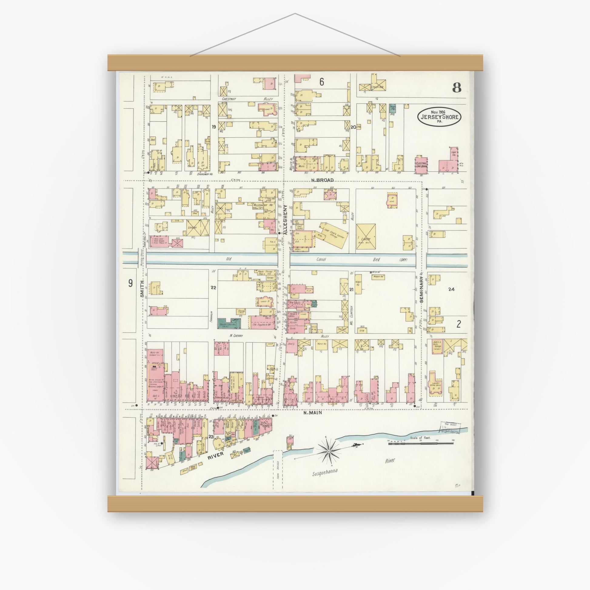 Old map wall art mockup — magnetic wood frame on white wall — Sanborn Fire Insurance Map from Jersey Shore, Lycoming County, Pennsylvania (1906), Sheet #0008