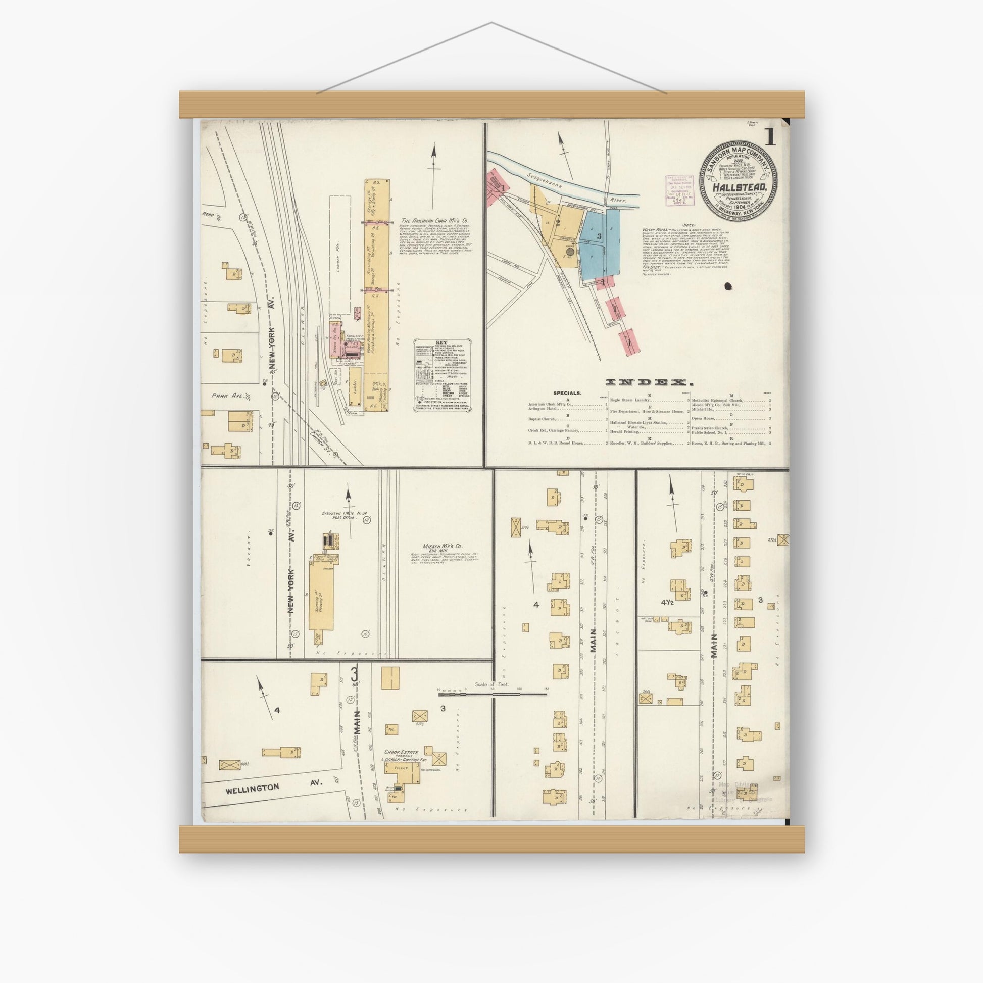 Old map wall art mockup — magnetic wood frame on white wall — Sanborn Fire Insurance Map from Hallstead, Susquehanna County, Pennsylvania (1904), Sheet #0001