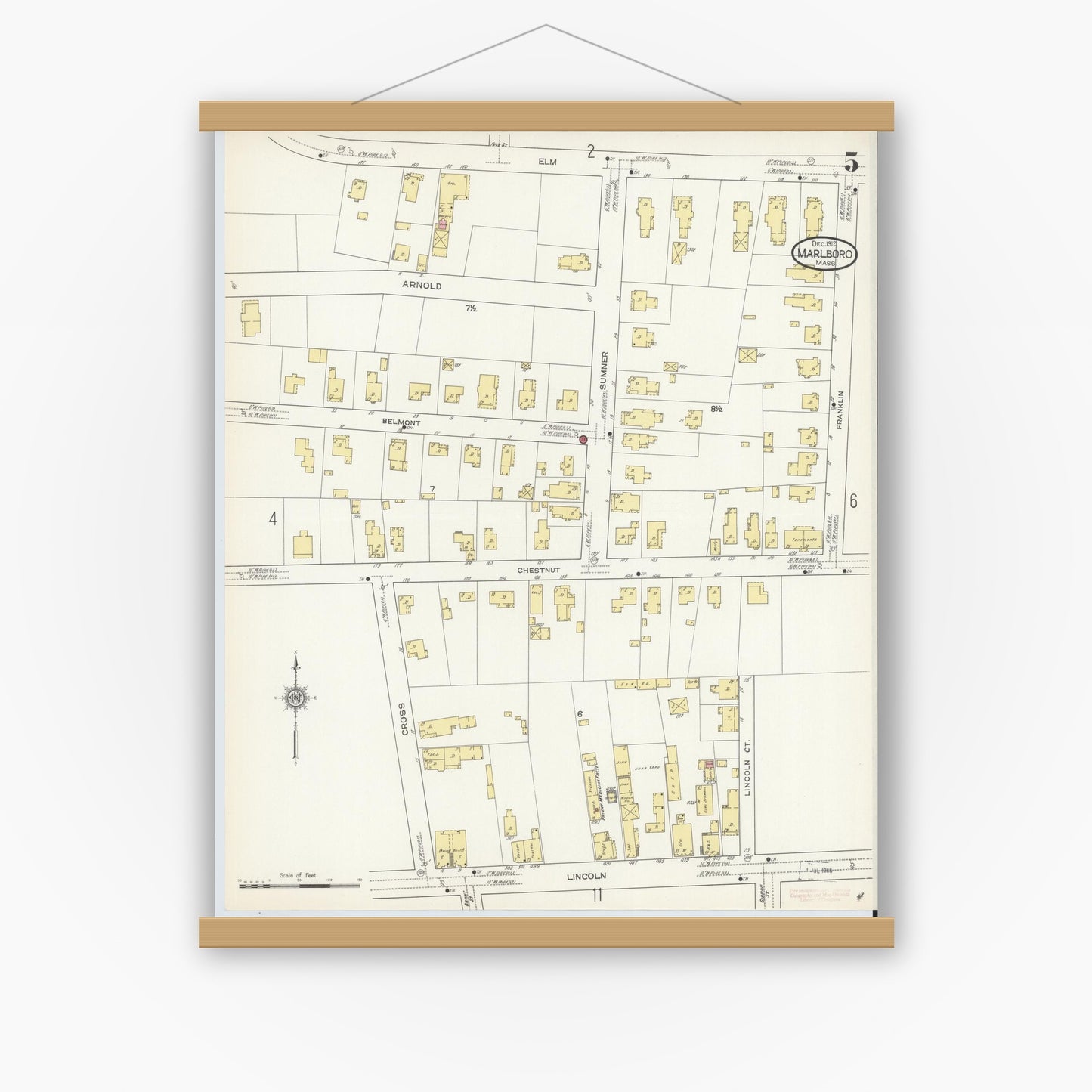 Old map wall art mockup — magnetic wood frame on white wall — Sanborn Fire Insurance Map from Marlborough, Middlesex County, Massachusetts (1912), Sheet #0005