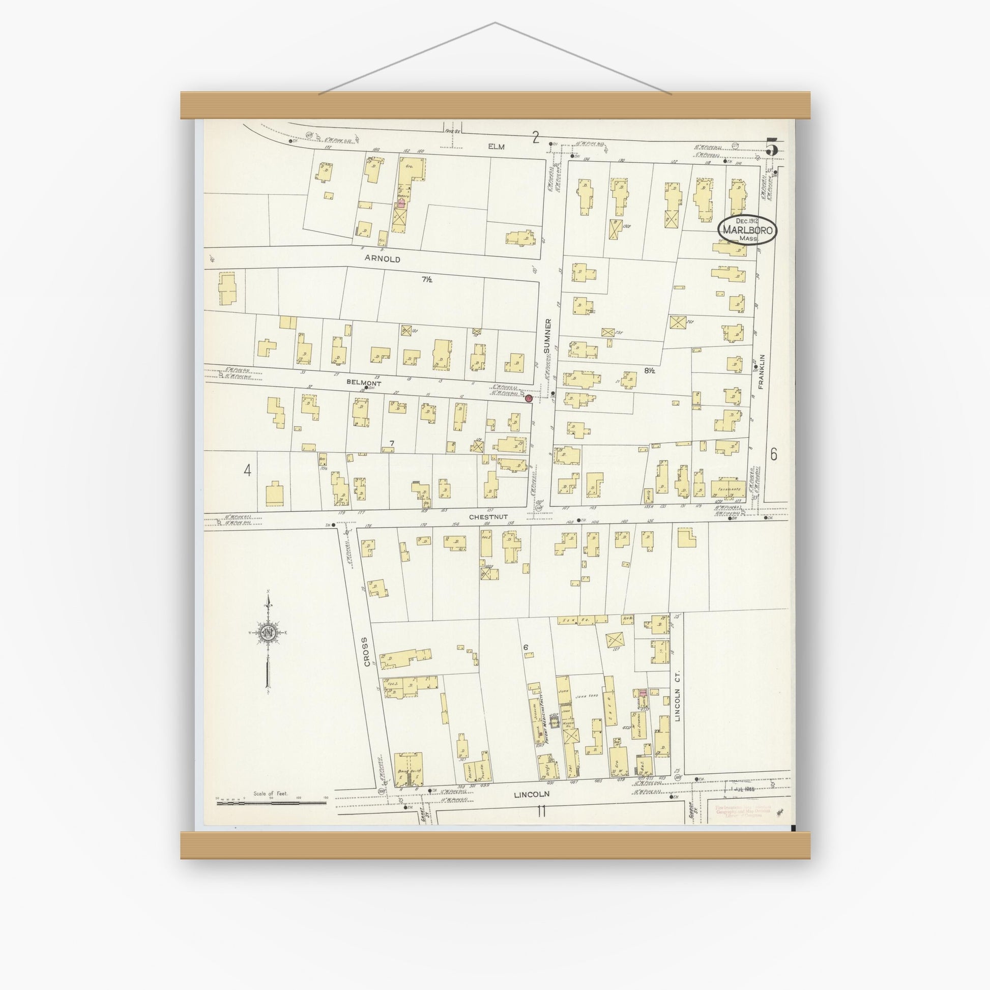Old map wall art mockup — magnetic wood frame on white wall — Sanborn Fire Insurance Map from Marlborough, Middlesex County, Massachusetts (1912), Sheet #0005