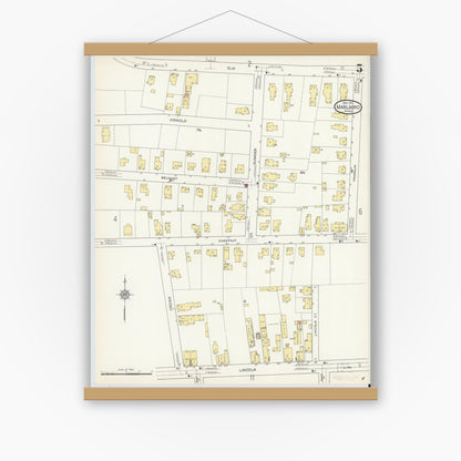 Old map wall art mockup — magnetic wood frame on white wall — Sanborn Fire Insurance Map from Marlborough, Middlesex County, Massachusetts (1912), Sheet #0005