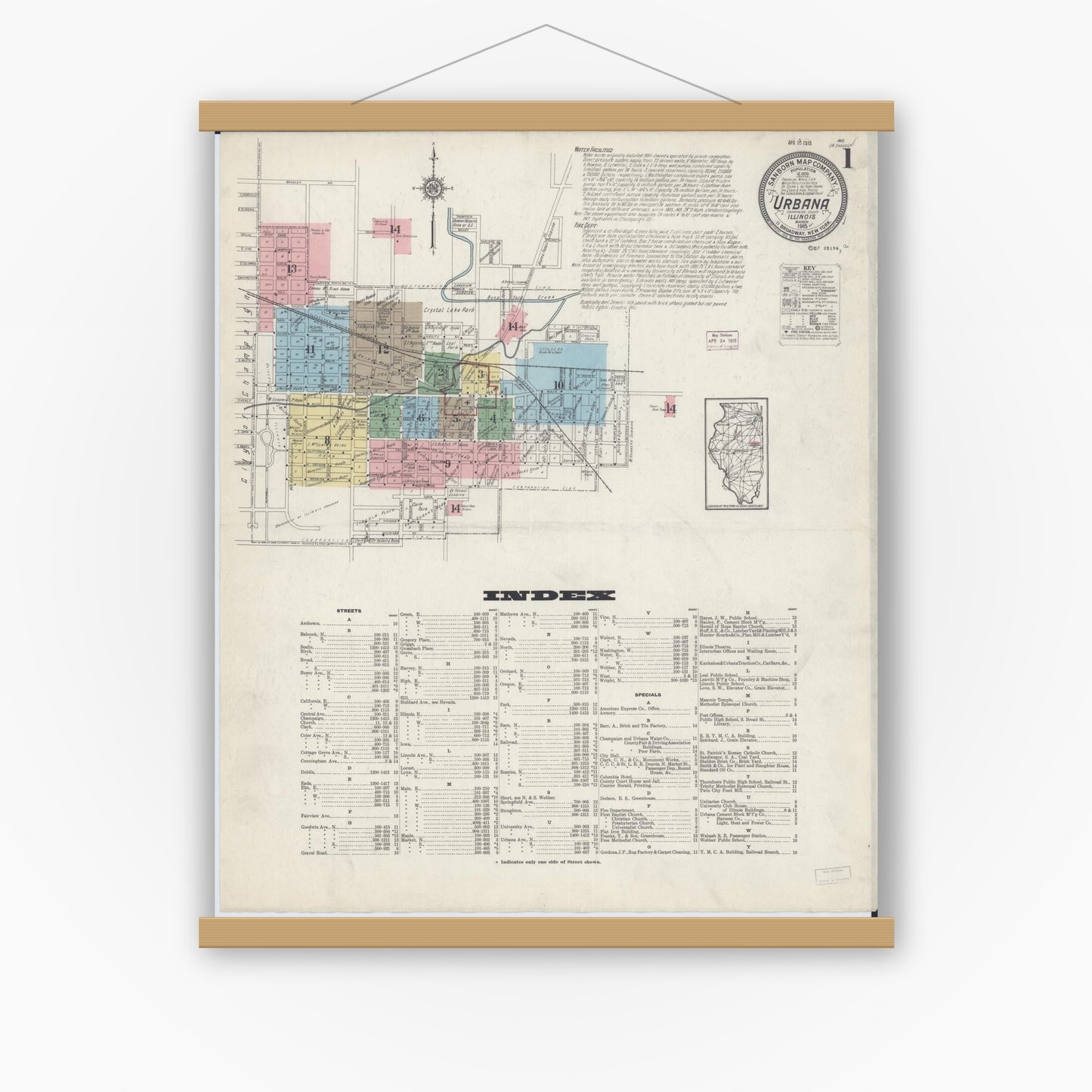 Old map wall art mockup — magnetic wood frame on white wall — Sanborn Fire Insurance Map from Urbana, Champaign County, Illinois (1915) - Complete Map Set