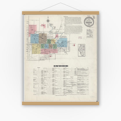 Old map wall art mockup — magnetic wood frame on white wall — Sanborn Fire Insurance Map from Urbana, Champaign County, Illinois (1915) - Complete Map Set