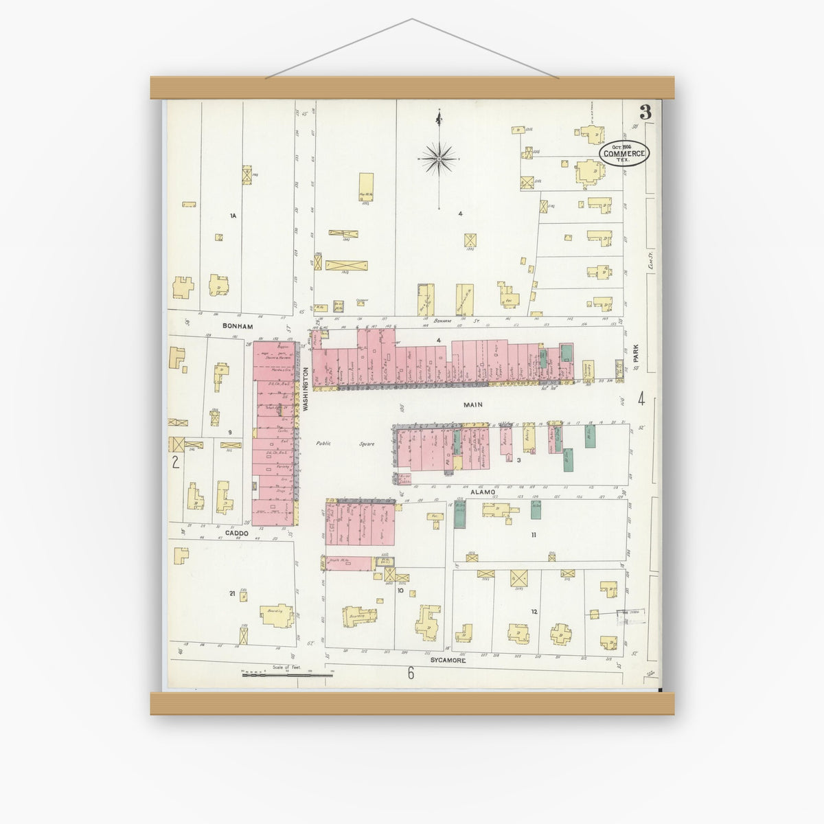 Old map wall art mockup — magnetic wood frame on white wall — Sanborn Fire Insurance Map from Commerce, Hunt County, Texas (1906), Sheet #0003