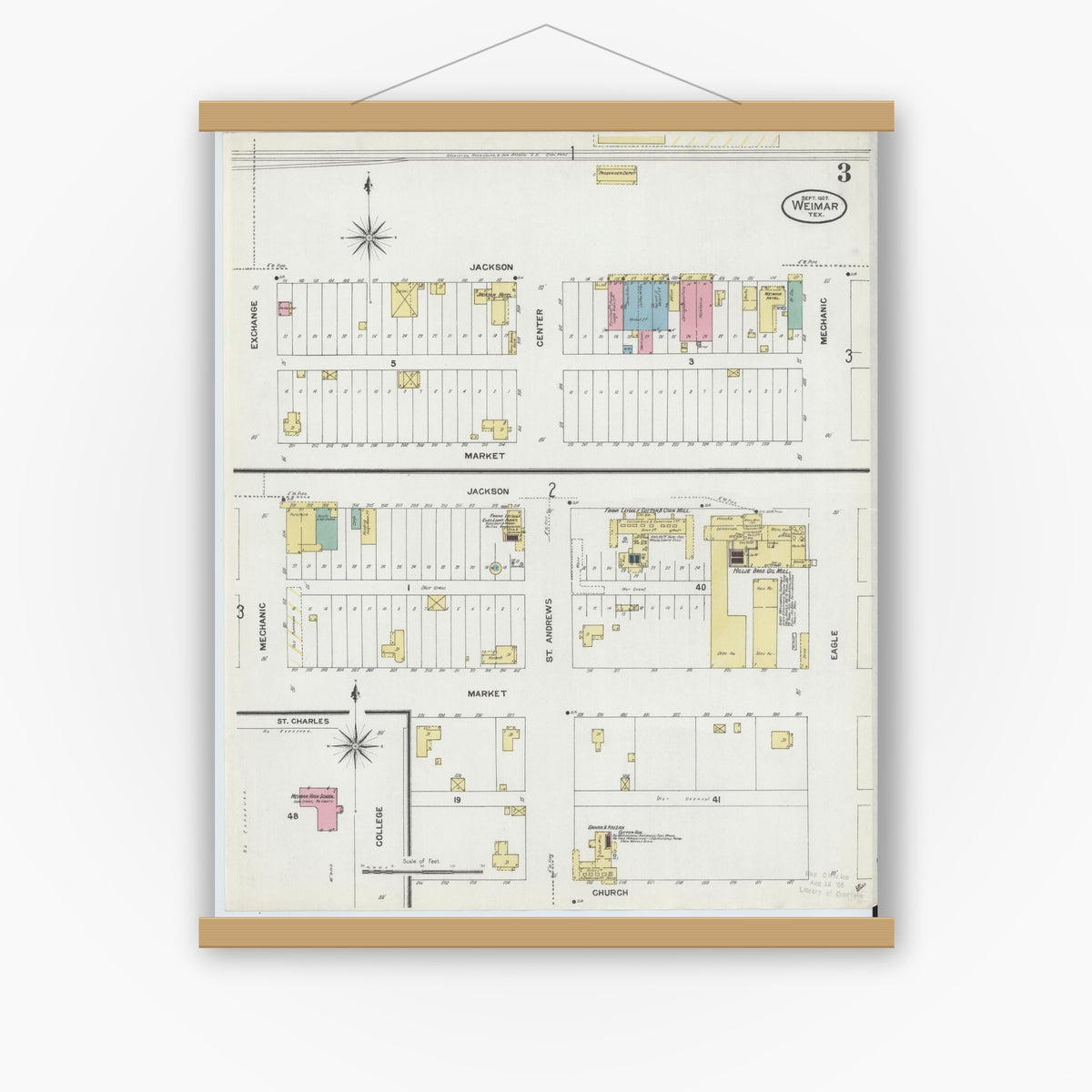 Old map wall art mockup — magnetic wood frame on white wall — Sanborn Fire Insurance Map from Weimar, Colorado County, Texas (1907), Sheet #0003