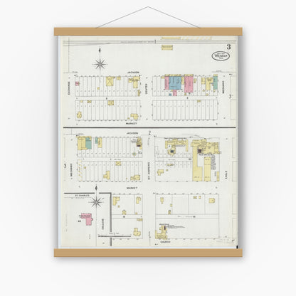 Old map wall art mockup — magnetic wood frame on white wall — Sanborn Fire Insurance Map from Weimar, Colorado County, Texas (1907), Sheet #0003