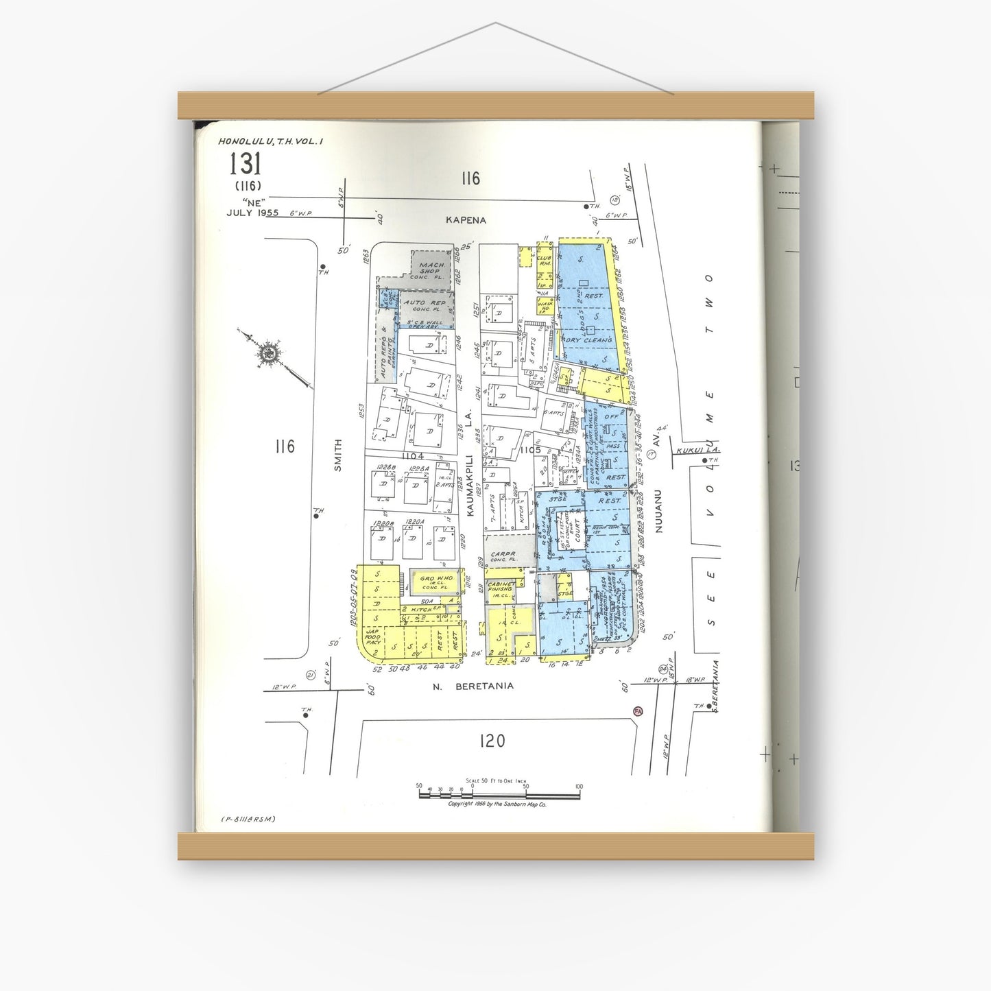 Old map wall art mockup — magnetic wood frame on white wall — Sanborn Fire Insurance Map from Honolulu, Oahu County, Hawaii (1955), Sheet #0131