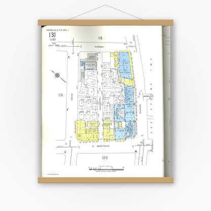 Old map wall art mockup — magnetic wood frame on white wall — Sanborn Fire Insurance Map from Honolulu, Oahu County, Hawaii (1955), Sheet #0131
