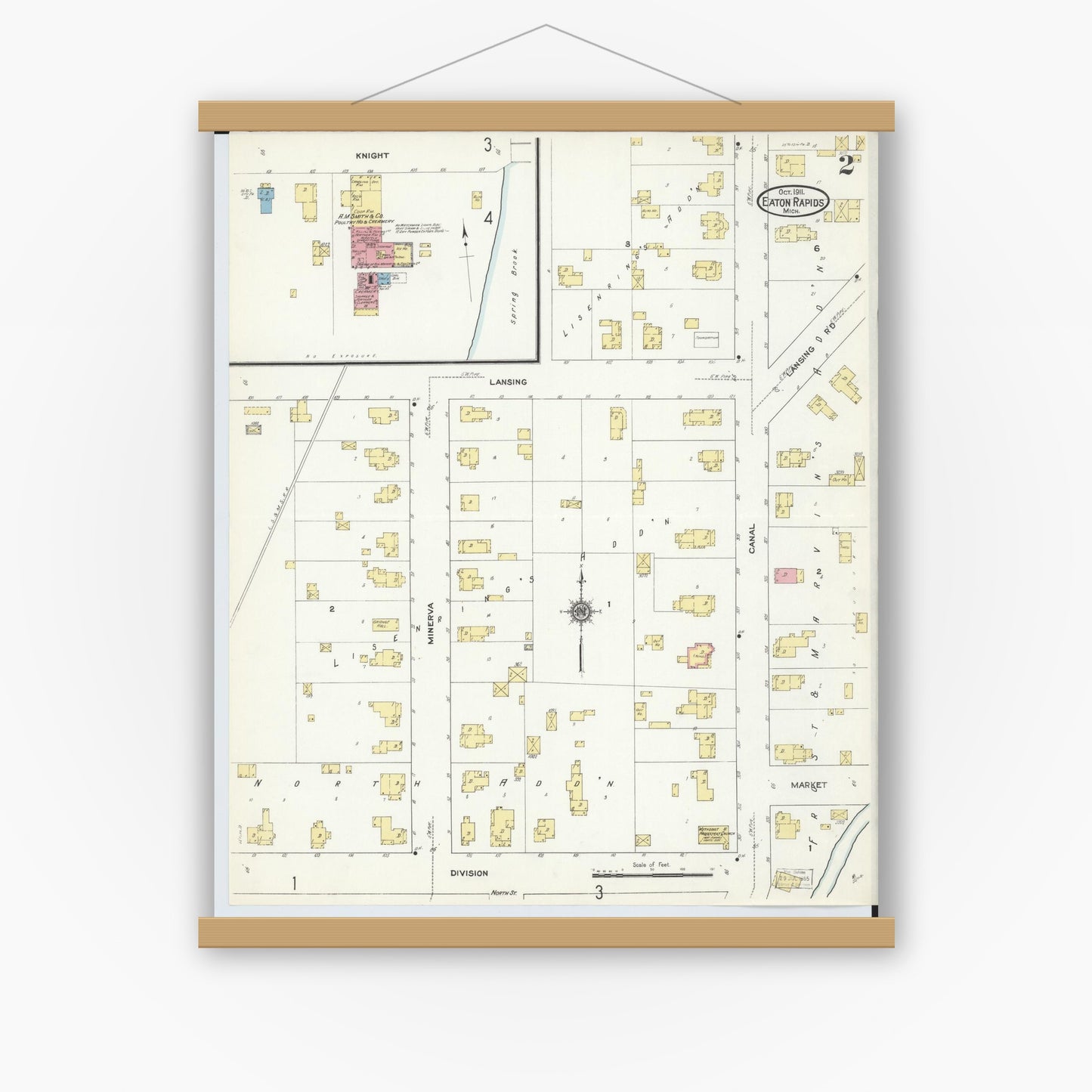 Old map wall art mockup — magnetic wood frame on white wall — Sanborn Fire Insurance Map from Eaton Rapids, Eaton County, Michigan (1911), Sheet #0002