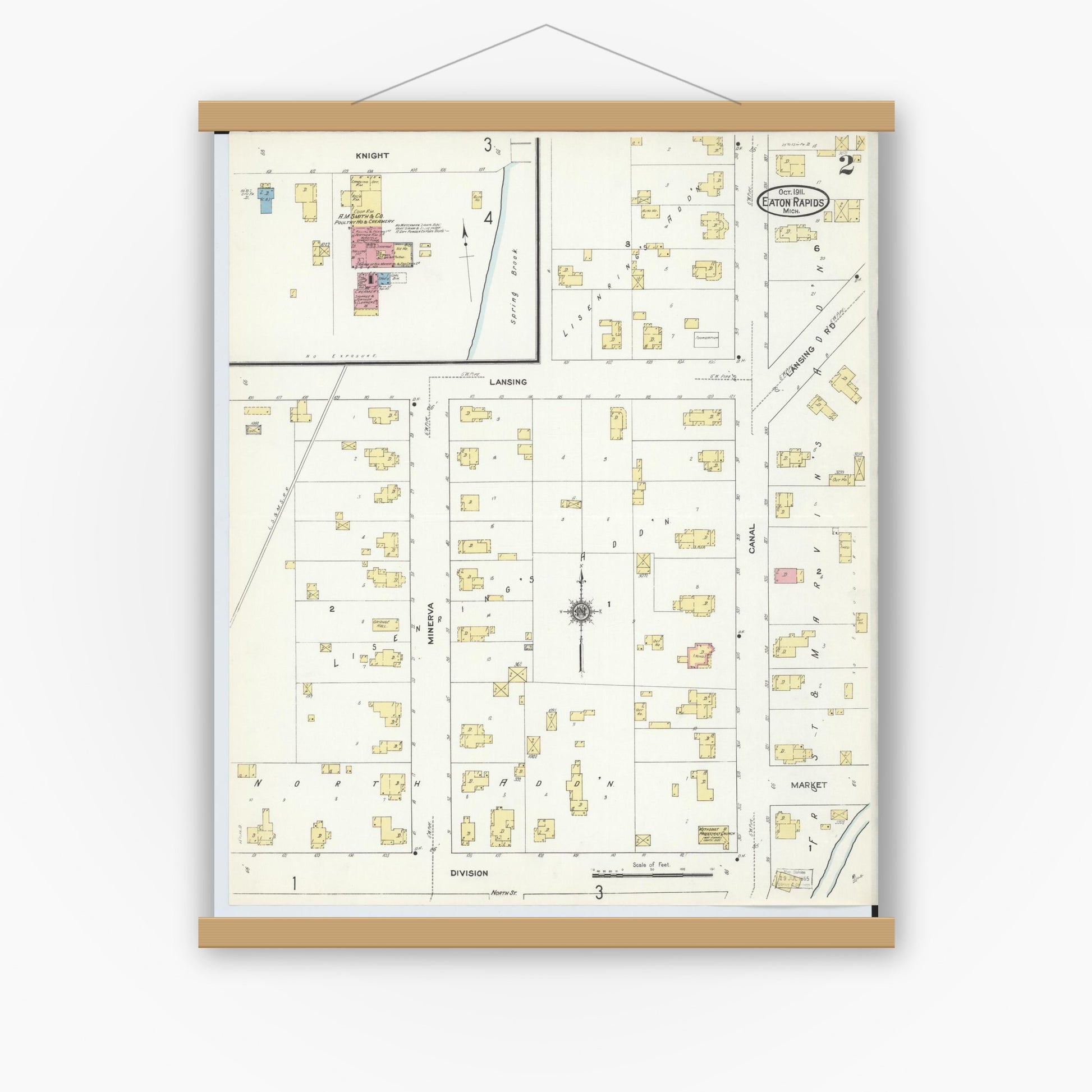 Old map wall art mockup — magnetic wood frame on white wall — Sanborn Fire Insurance Map from Eaton Rapids, Eaton County, Michigan (1911), Sheet #0002