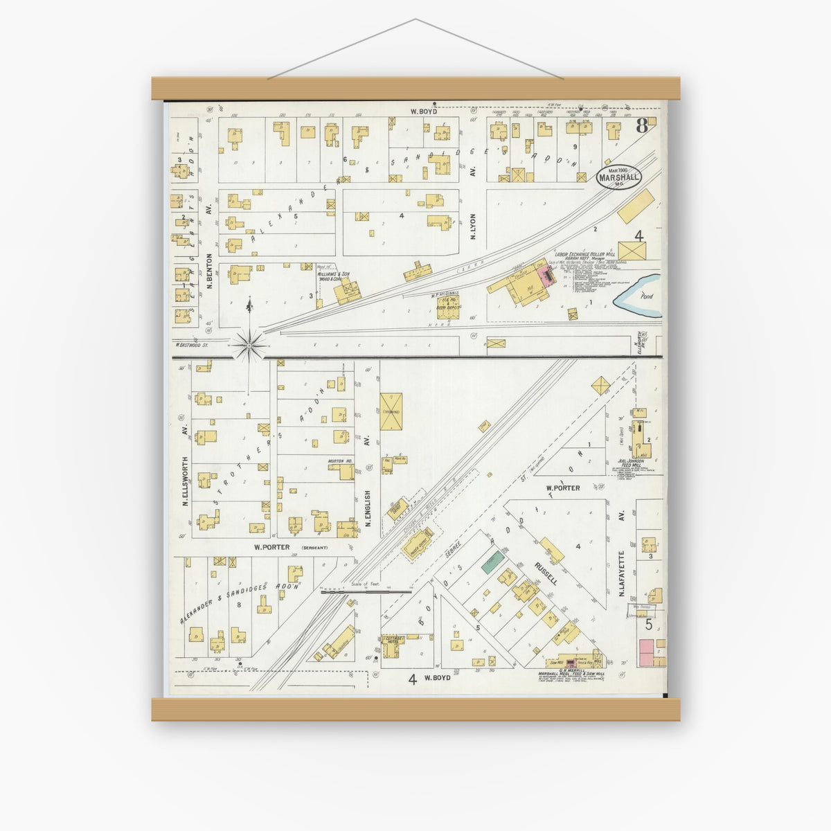 Old map wall art mockup — magnetic wood frame on white wall — Sanborn Fire Insurance Map from Marshall, Saline County, Missouri (1900), Sheet #0008