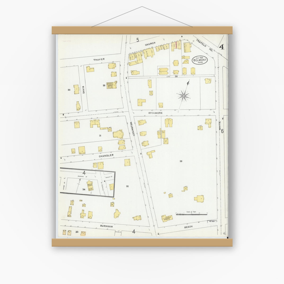 Old map wall art mockup — magnetic wood frame on white wall — Sanborn Fire Insurance Map from Belmont, Middlesex County, Massachusetts (1905), Sheet #0004