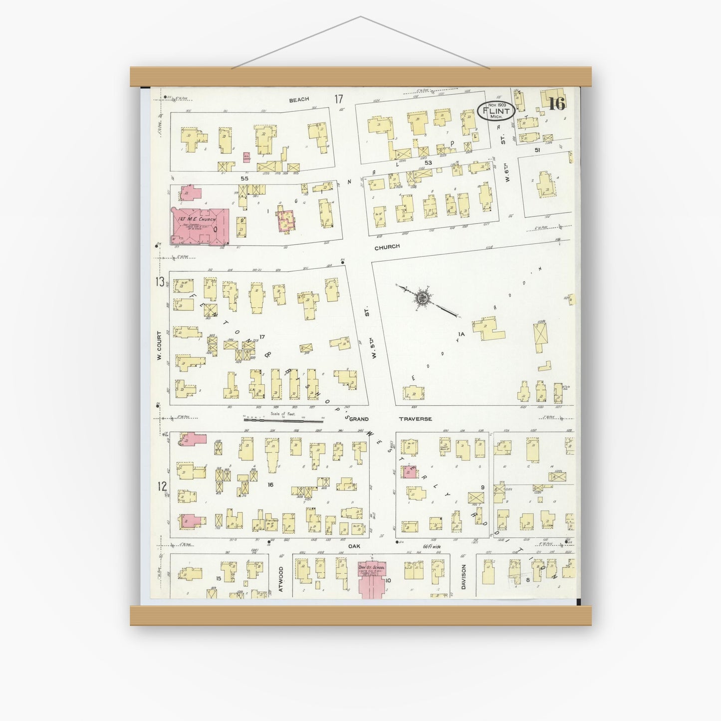 Old map wall art mockup — magnetic wood frame on white wall — Sanborn Fire Insurance Map from Flint, Genesee County, Michigan (1909), Sheet #0016