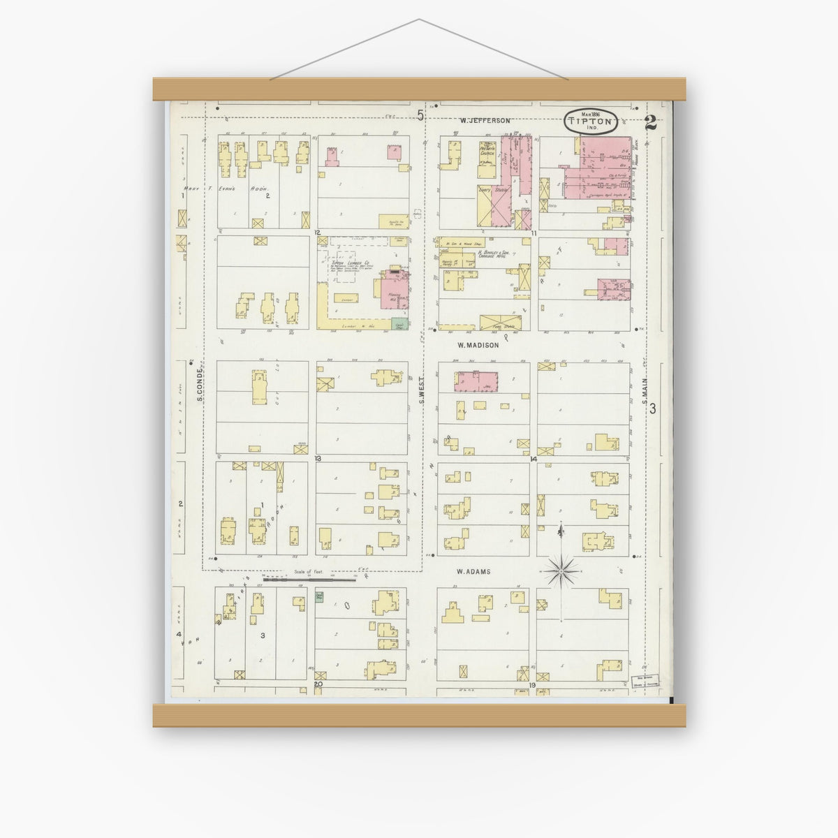 Old map wall art mockup — magnetic wood frame on white wall — Sanborn Fire Insurance Map from Tipton, Tipton County, Indiana (1896), Sheet #0002