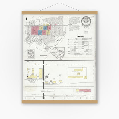 Old map wall art mockup — magnetic wood frame on white wall — Sanborn Fire Insurance Map from Pecos, Reeves County, Texas (1927), Sheet #0001