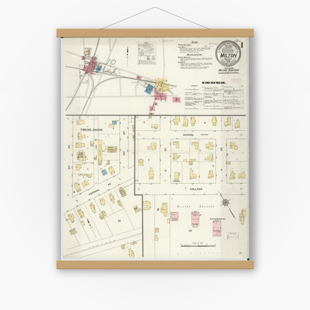 Old map wall art mockup — magnetic wood frame on white wall — Sanborn Fire Insurance Map from Milton, Rock County, Wisconsin (1909) - Complete Map Set