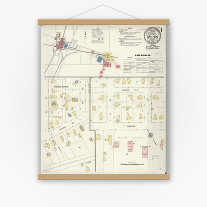 Old map wall art mockup — magnetic wood frame on white wall — Sanborn Fire Insurance Map from Milton, Rock County, Wisconsin (1909) - Complete Map Set