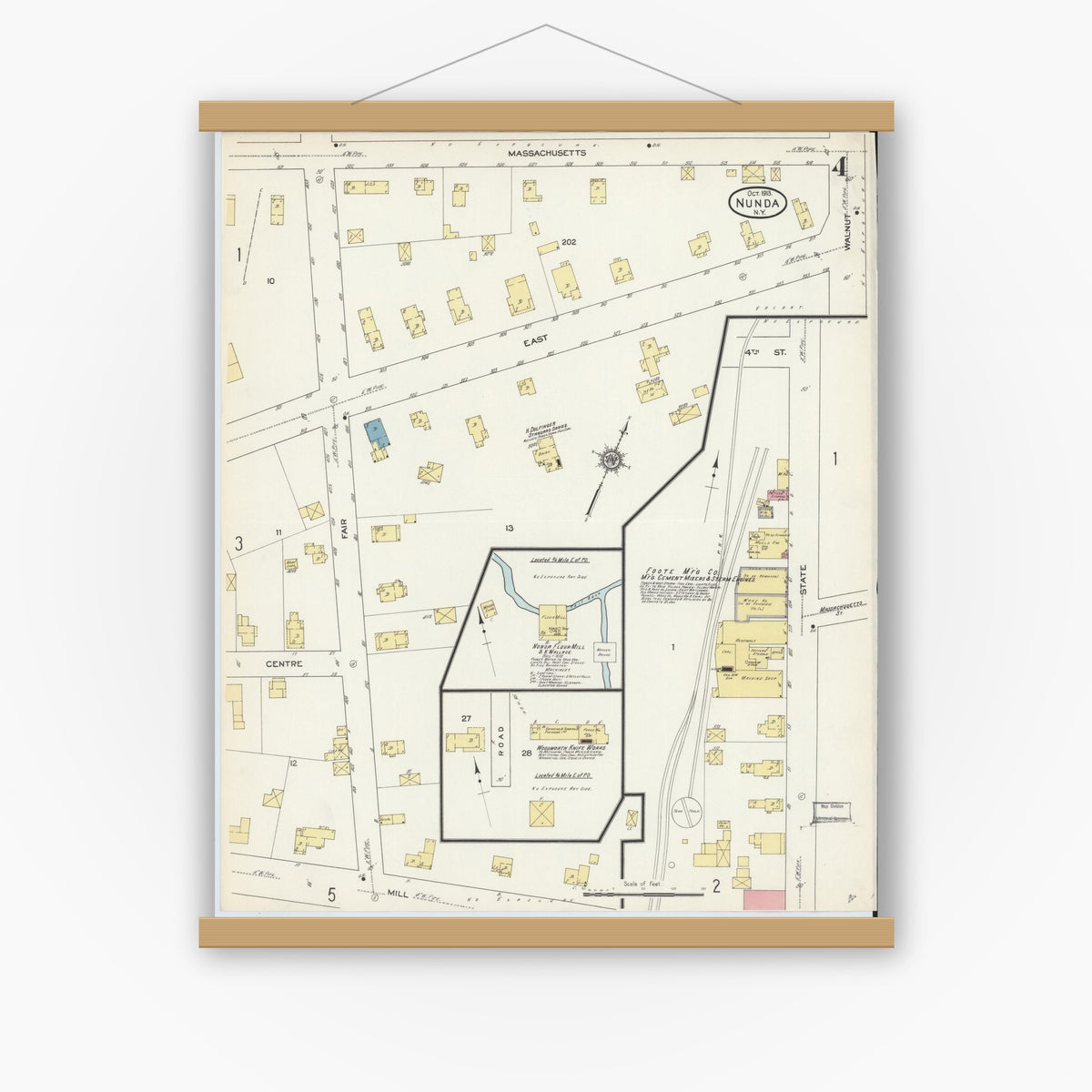 Old map wall art mockup — magnetic wood frame on white wall — Sanborn Fire Insurance Map from Nunda, Livingston County, New York (1913), Sheet #0004