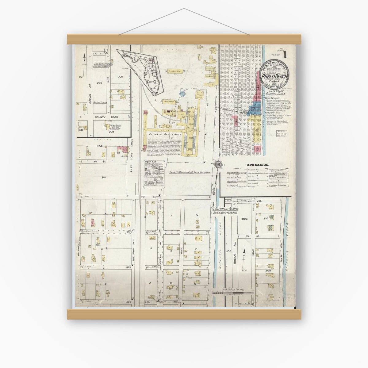 Old map wall art mockup — magnetic wood frame on white wall — Sanborn Fire Insurance Map from Pablo Beach, Duval County, Florida (1917), Sheet #0001