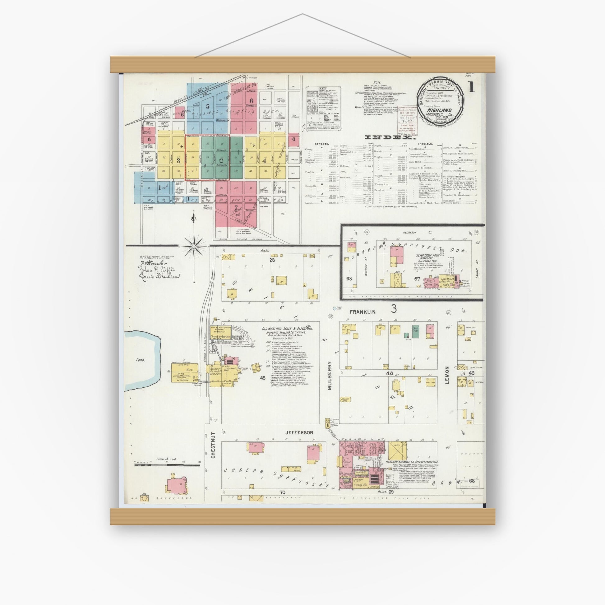 Old map wall art mockup — magnetic wood frame on white wall — Sanborn Fire Insurance Map from Highland, Madison County, Illinois (1899), Sheet #0001