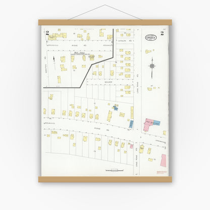 Old map wall art mockup — magnetic wood frame on white wall — Sanborn Fire Insurance Map from Greece, Monroe County, New York (1929), Sheet #0002