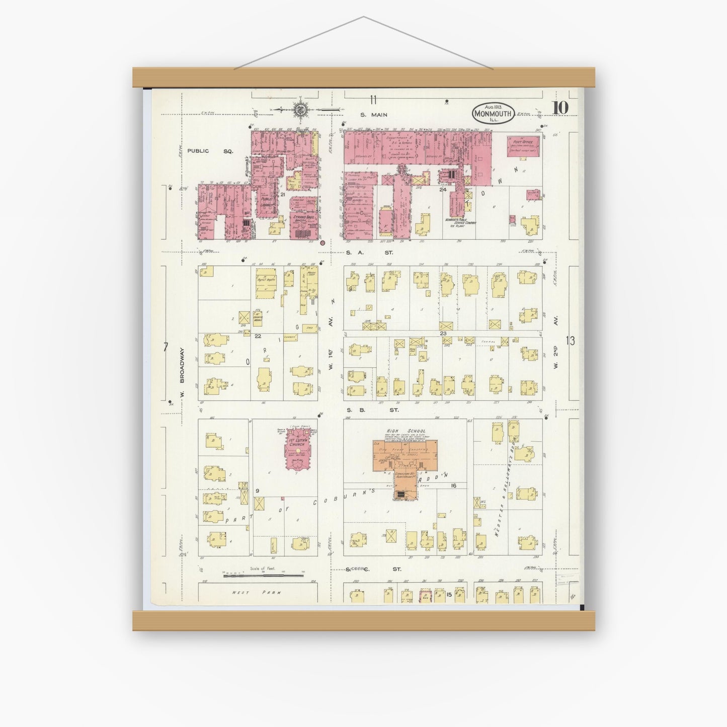 Old map wall art mockup — magnetic wood frame on white wall — Sanborn Fire Insurance Map from Monmouth, Warren County, Illinois (1913), Sheet #0010