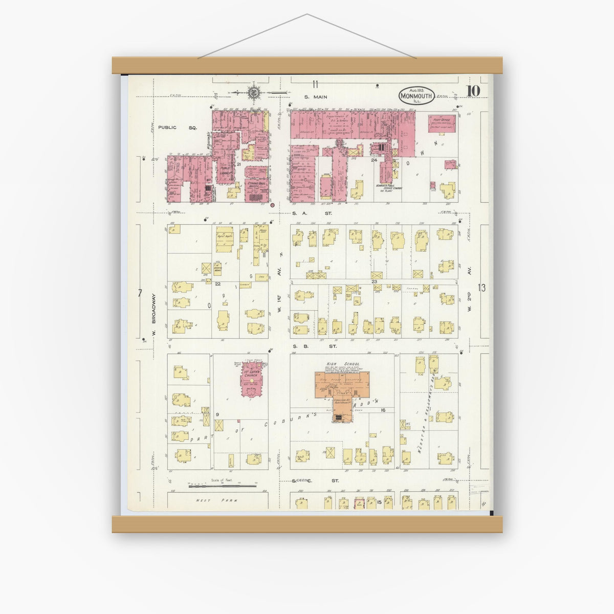 Old map wall art mockup — magnetic wood frame on white wall — Sanborn Fire Insurance Map from Monmouth, Warren County, Illinois (1913), Sheet #0010