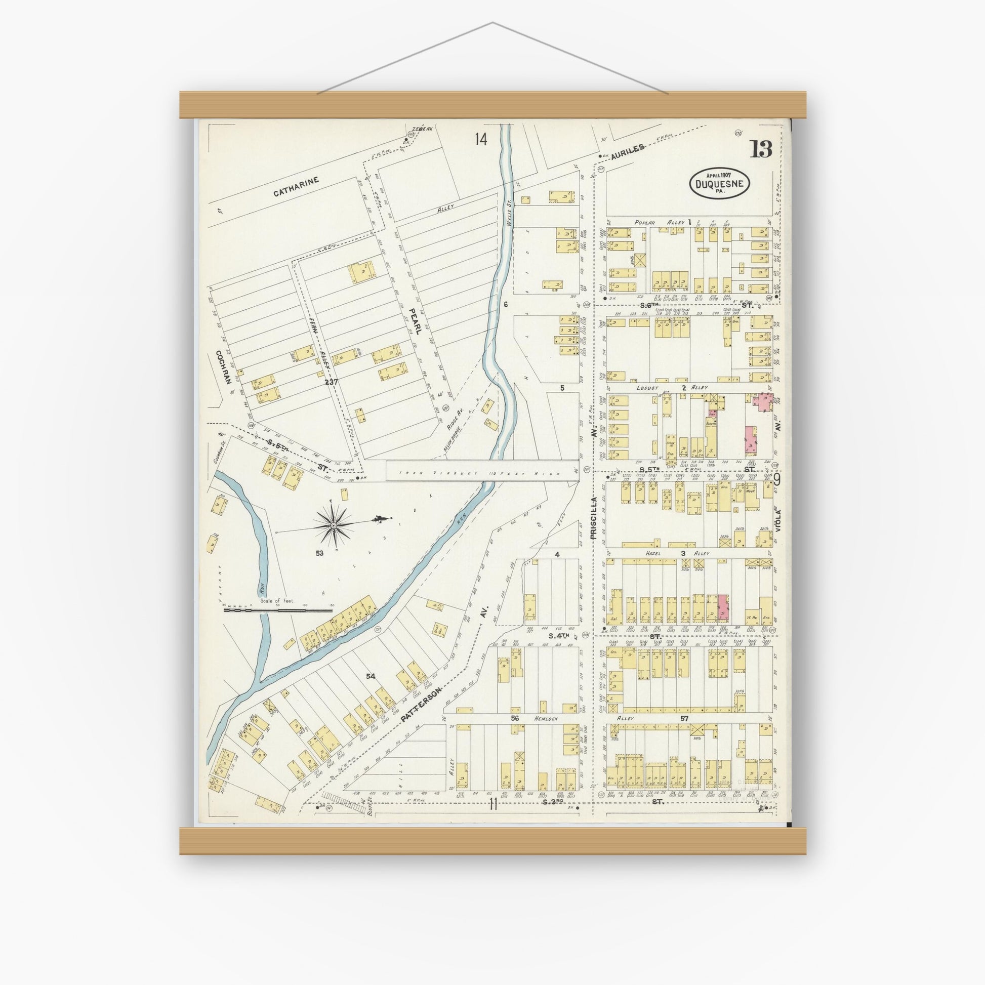 Old map wall art mockup — magnetic wood frame on white wall — Sanborn Fire Insurance Map from Duquesne, Allegheny County, Pennsylvania (1907), Sheet #0013