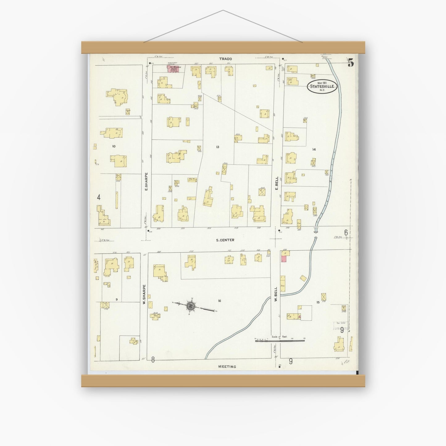 Old map wall art mockup — magnetic wood frame on white wall — Sanborn Fire Insurance Map from Statesville, Iredell County, North Carolina (1911), Sheet #0005
