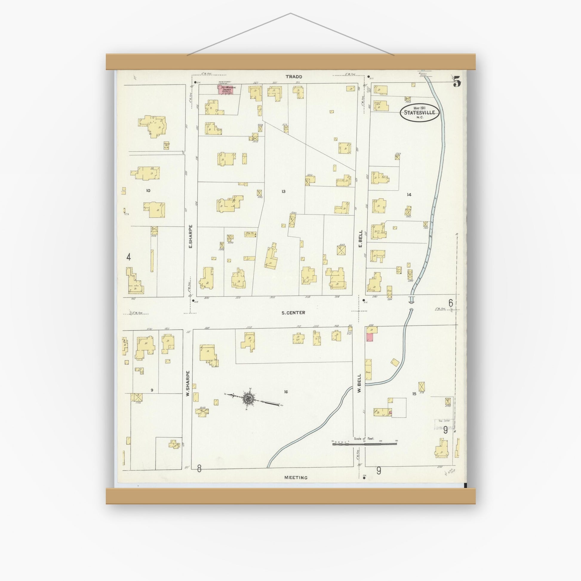 Old map wall art mockup — magnetic wood frame on white wall — Sanborn Fire Insurance Map from Statesville, Iredell County, North Carolina (1911), Sheet #0005