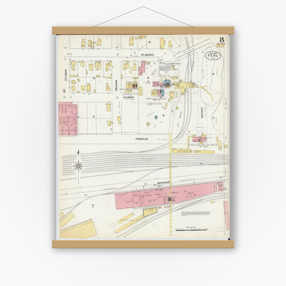 Old map wall art mockup — magnetic wood frame on white wall — Sanborn Fire Insurance Map from Peru, La Salle County, Illinois (1902), Sheet #0008