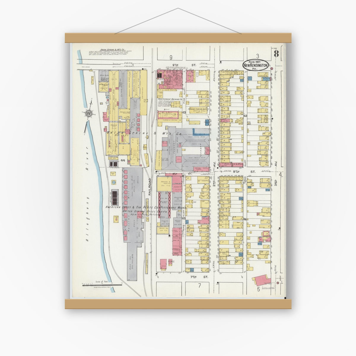 Old map wall art mockup — magnetic wood frame on white wall — Sanborn Fire Insurance Map from New Kensington, Westmoreland County, Pennsylvania (1921), Sheet #0008