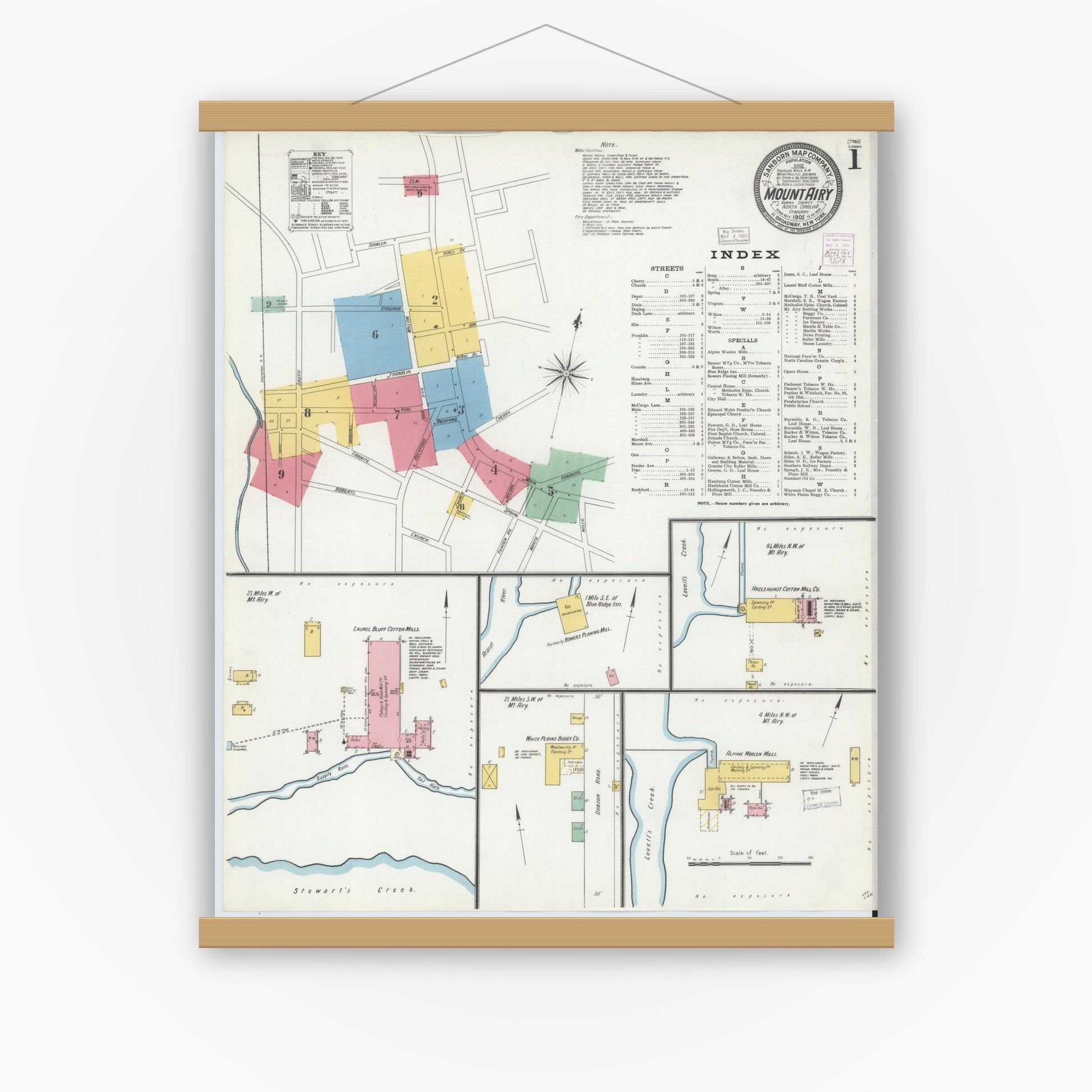 Old map wall art mockup — magnetic wood frame on white wall — Sanborn Fire Insurance Map from Mount Airy, Surry County, North Carolina (1905) - Complete Map Set