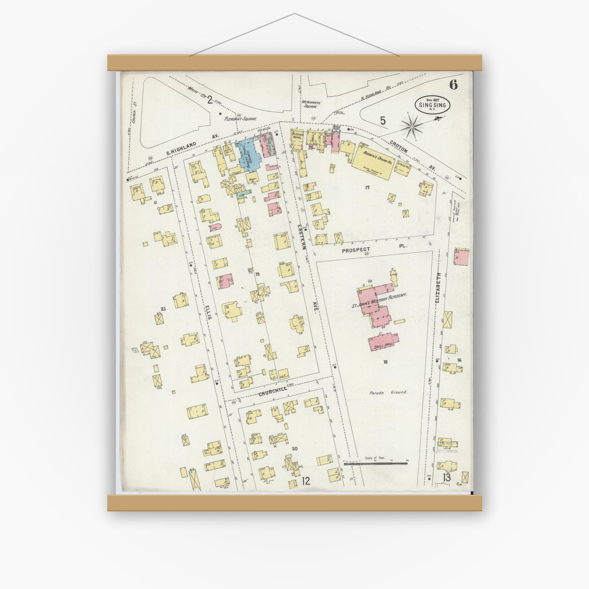 Old map wall art mockup — magnetic wood frame on white wall — Sanborn Fire Insurance Map from Sing Sing, Westchester County, New York (1897), Sheet #0006