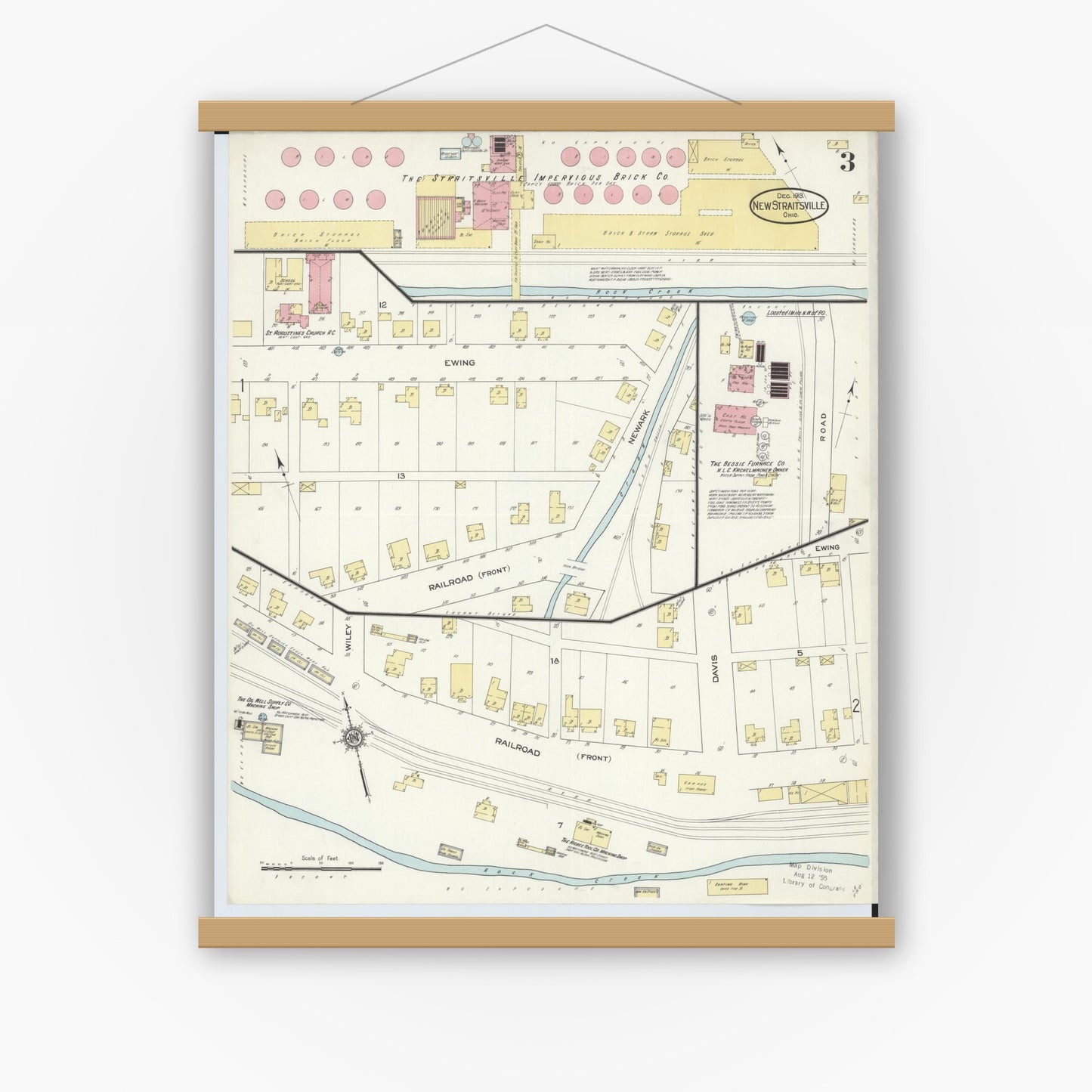 Old map wall art mockup — magnetic wood frame on white wall — Sanborn Fire Insurance Map from New Straitsville, Perry County, Ohio (1913), Sheet #0003