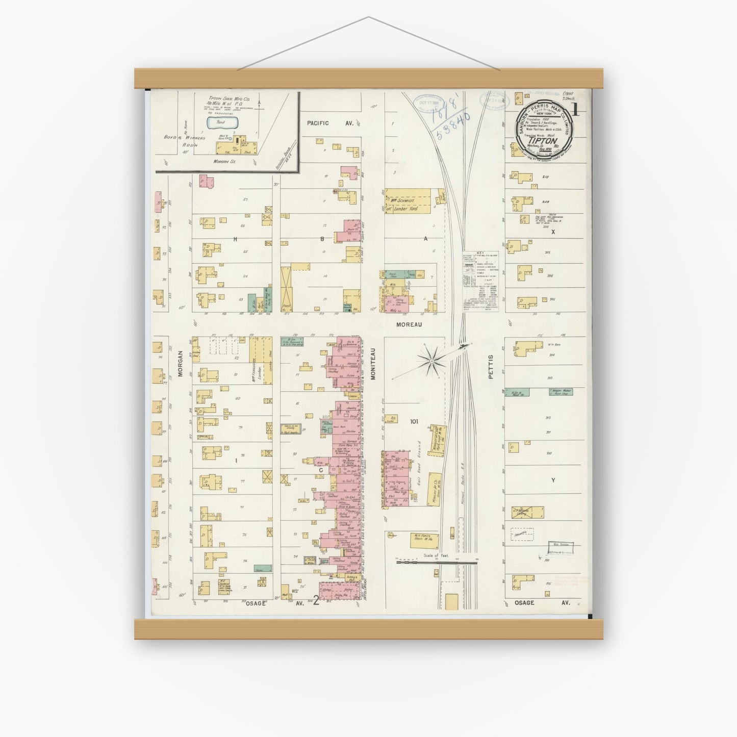 Old map wall art mockup — magnetic wood frame on white wall — Sanborn Fire Insurance Map from Tipton, Moniteau County, Missouri (1898) - Complete Map Set