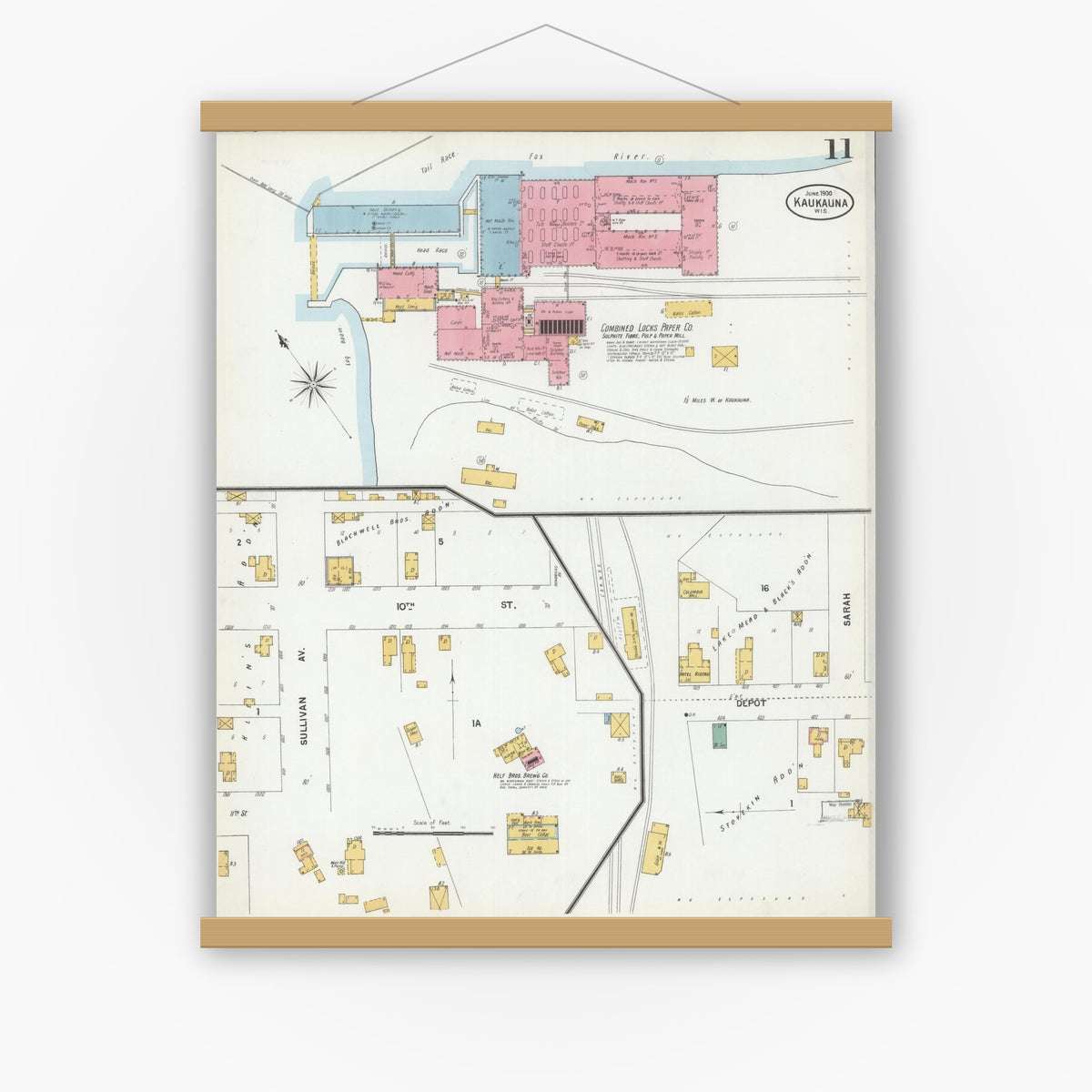 Old map wall art mockup — magnetic wood frame on white wall — Sanborn Fire Insurance Map from Kaukauna, Outagamie County, Wisconsin (1900), Sheet #0011