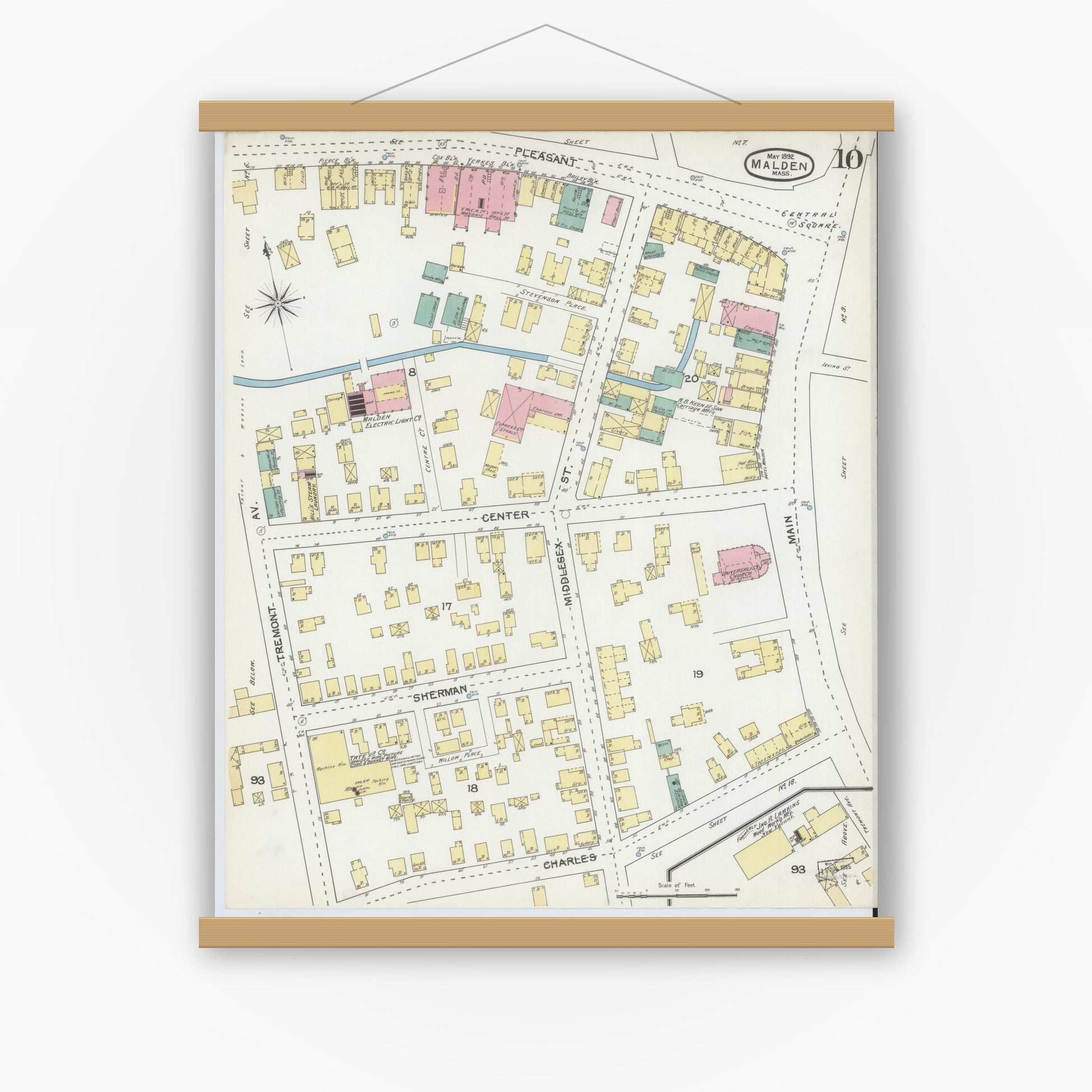 Old map wall art mockup — magnetic wood frame on white wall — Sanborn Fire Insurance Map from Malden, Middlesex County, Massachusetts (1892), Sheet #0010