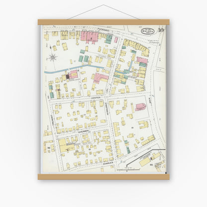 Old map wall art mockup — magnetic wood frame on white wall — Sanborn Fire Insurance Map from Malden, Middlesex County, Massachusetts (1892), Sheet #0010